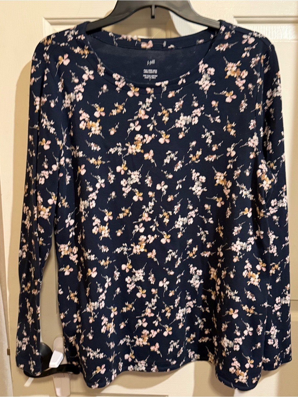 J. Jill Navy Long-Sleeve Floral Crewneck Top with Pink & Cream Blossoms